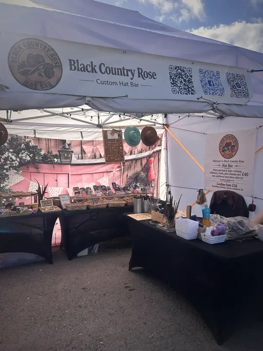 The Black Country Rose custom hat bar stall, set up and ready for customers