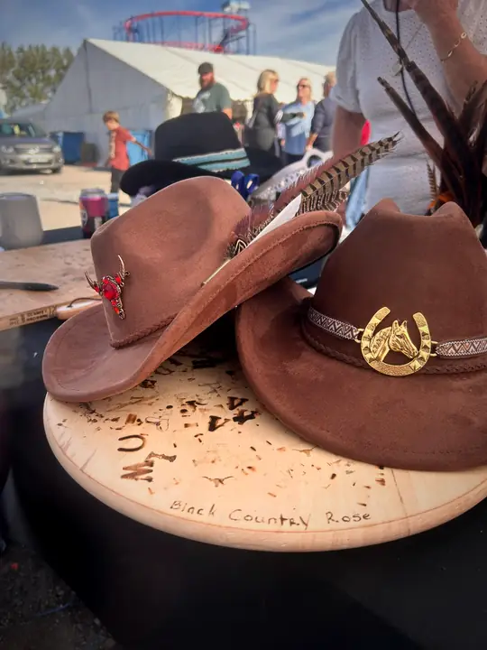 Two brown hats with horseshoe and feather trims