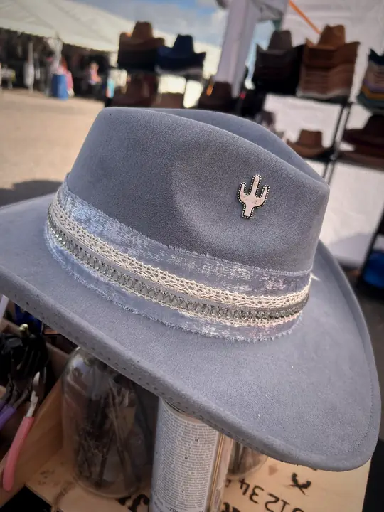 Grey hat with lace band and cactus pin
