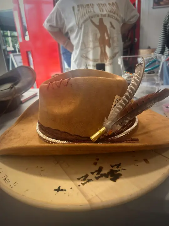 Tan hat with feather and bullet pick